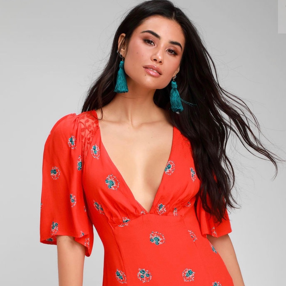 Free people coral red floral print backless mini